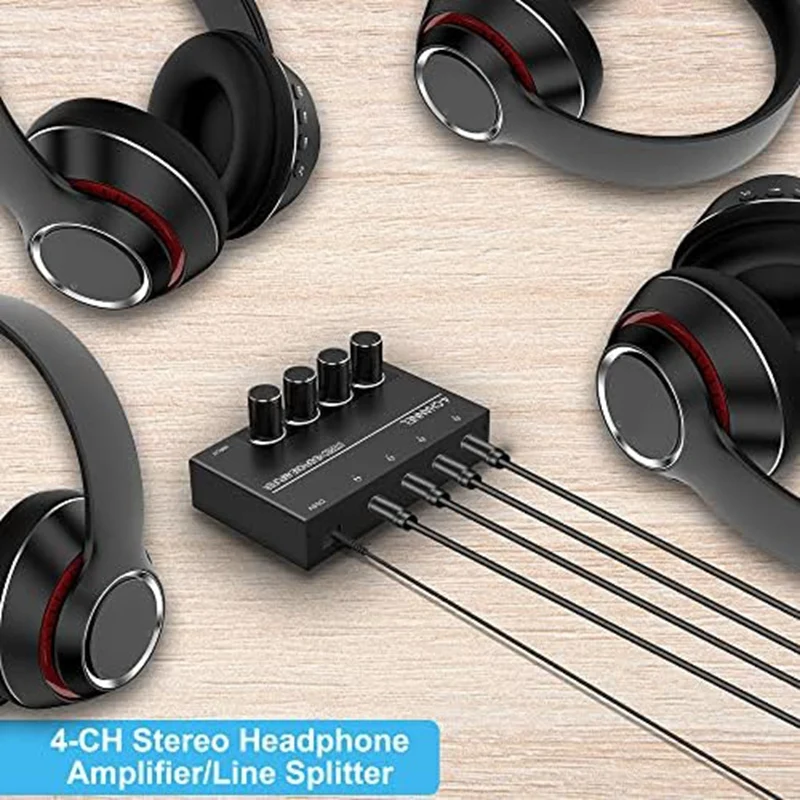 4 Channel Headphone Amplifier Stereo Audio Amp, Headphone Splitter with 4 3.5MM Headphone Output and 3.5MM Audio Input