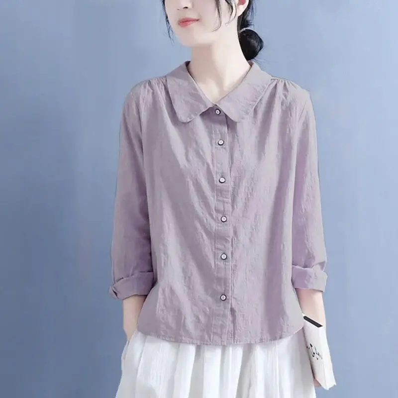 

Spring Summer Simplicity Office Lady Solid Color Cotton Linen Long Sleeve Shirts Women Elegant Casual All-match Temperament Tops