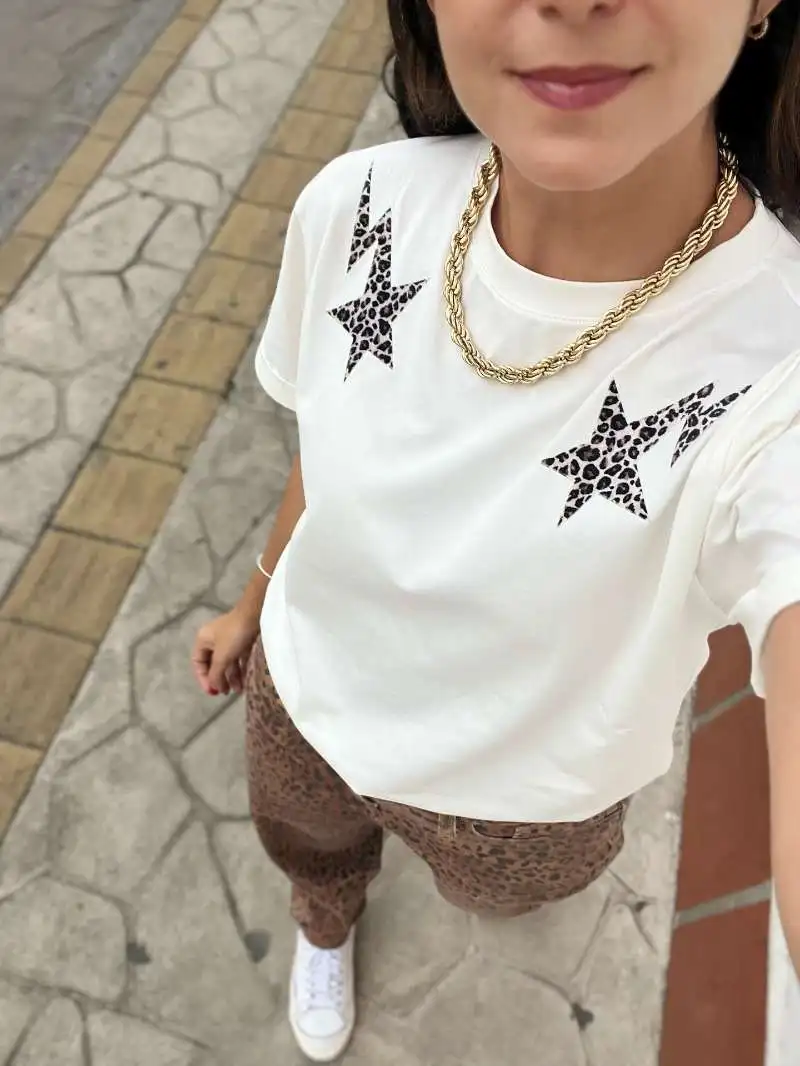 Retro American Vintage Summer Leopard Print Star Lightning Print Spicy Girl Loose Pure Cotton Short Sleeve T-Shirt Women
