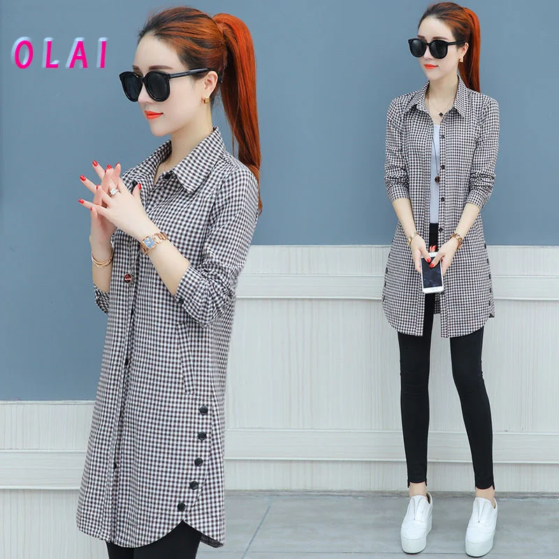 

New Women Casual Long Sleeve Spliced Loose Shirt Elegant Plaid Polo Collar Blouse Vintage Print Tops Streetwear Tunic T257