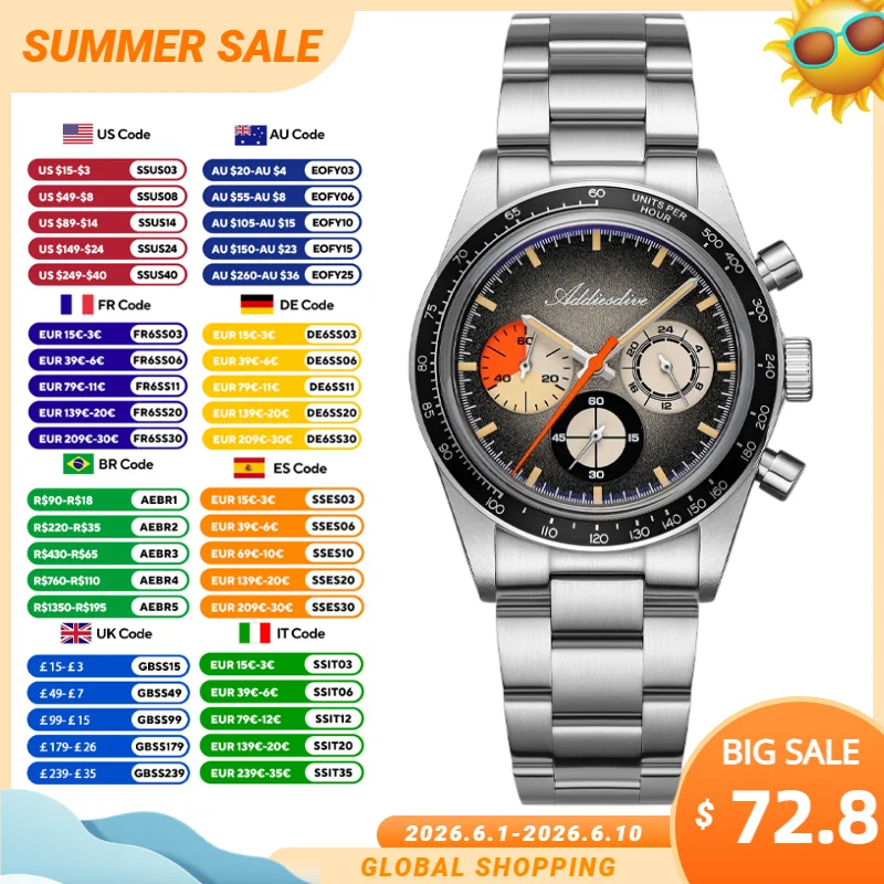 

ADDIESDIVE New 37mm Men's Watch K1 Bubble Glass Quartz Chronograph Aluminum Bezel 100m Waterproof Luminous Steel Watches AD2551