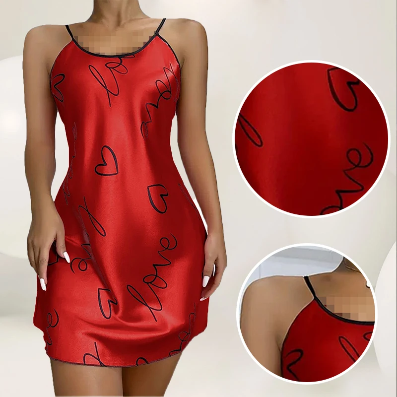 New Summer Hot Selling Satin Love Print Hanging Pajama Dress Women\'s Low Neck Sexy Home Casual Dress Pajamas