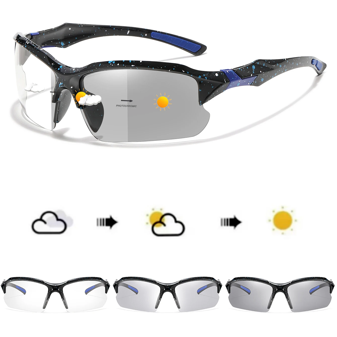 Photochrome Sonnenbrille für Damen und Herren, Halbrahmen-Brille, Outdoor-Sport, leichte Brille zum Radfahren, Laufen, Wandern