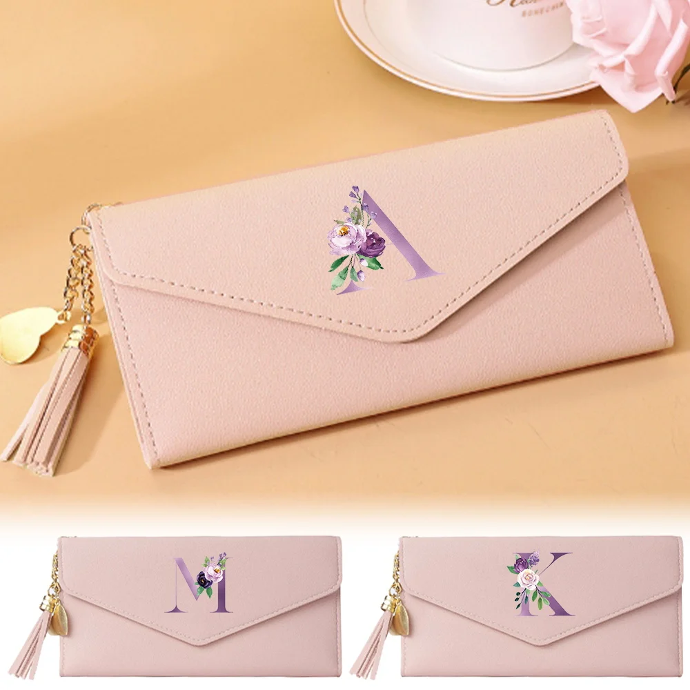 

Women Wallets Leather Long Purses Femal Clutch Handbag Coin Purse Cards Holder PU Leather Billfold Wallet Purple Letter Pattern