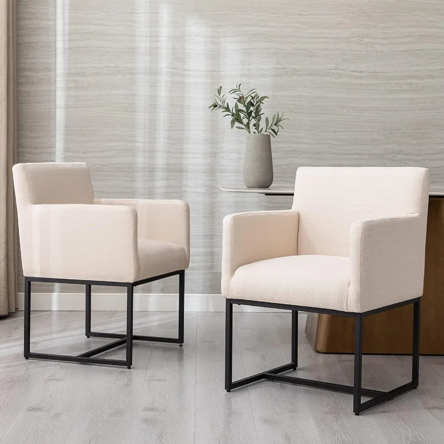 Linen Upholstered Dining Chairs with Arms Set of 2 Mid Century Modern Accent Chairs Armchairs with Black Metal Frame Modern Kit
