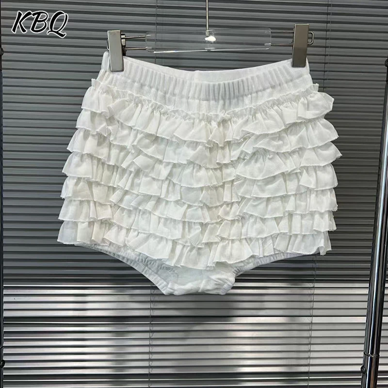 

KBQ Solid Spliced Ruffles Loose Short Pants for Women High Waist Minimalsit Casual Chic Folds Trouser Female Fashion Style New
