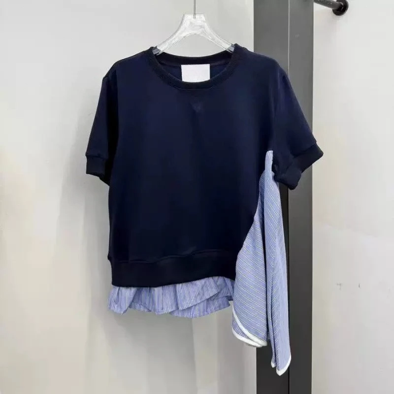 

SAC splicing pleated space cotton short-sleeved loose casual T-shirt top
