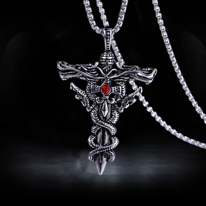 Winding Cross Pendant Necklace Cool Hip Hop Red Stone Vintage Silver Color Stainless Steel Chain Women Men Punk  Jewelry Gifts