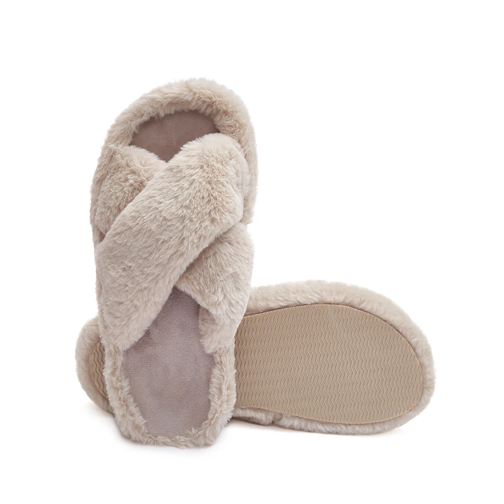 Winter Women Home Indoor Grey Casual Slippers Female Fluffy Shoes Cross Design Slides Ladies Soft Warm Plush Slipper