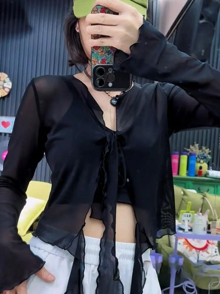 

Одежда для танцев Faion 2022, женский топ с поясом на талии и небольшим открытым кардиганом, прозрачный D...