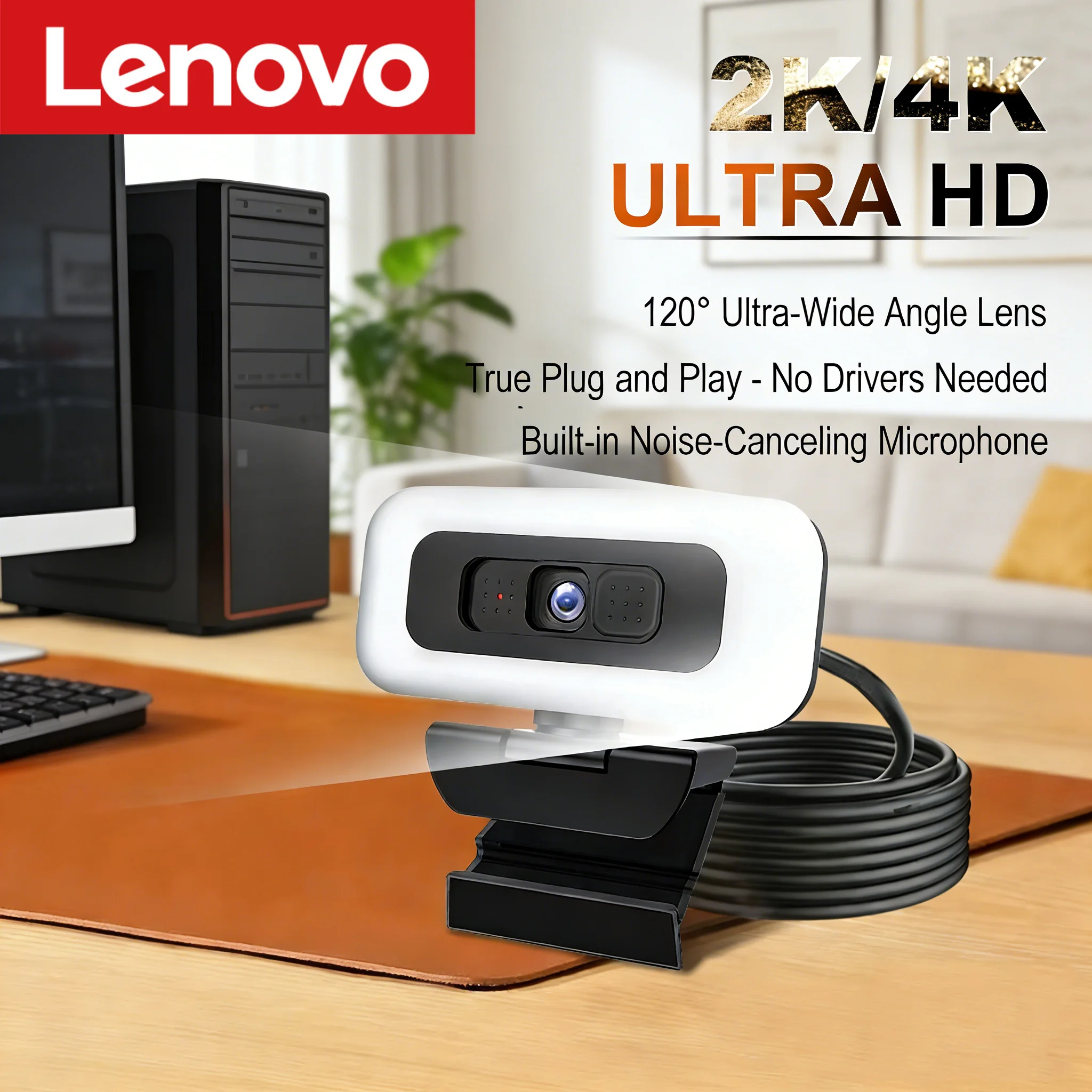 Minicámara web Lenovo 4K HD, cámara web portátil de 1080P con micrófono, luz, ordenador portátil, ordenador de escritorio para videollamadas en vivo y conferencias