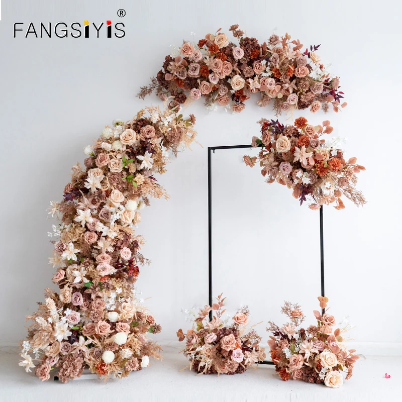 

Luxury Coffee Rose Hydrangea Wedding Backdrop Horn Arch Decor Arrangement Floral Event Flower Stand Prop Aisle Floor Flower Deco