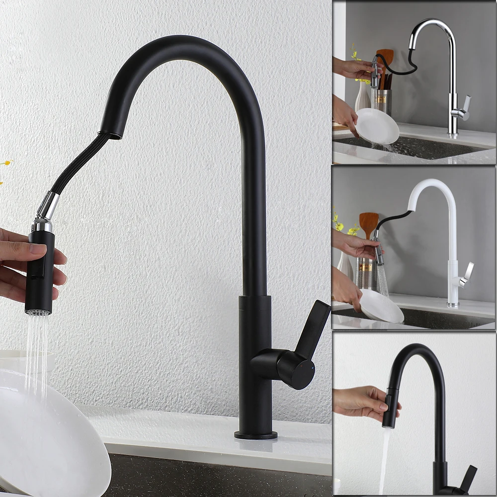 

SKOWLL Kitchen Faucet Pull Out Tap 2 Function Deck Mount Single Hole Mixer Faucet, Matte Black SK-4770