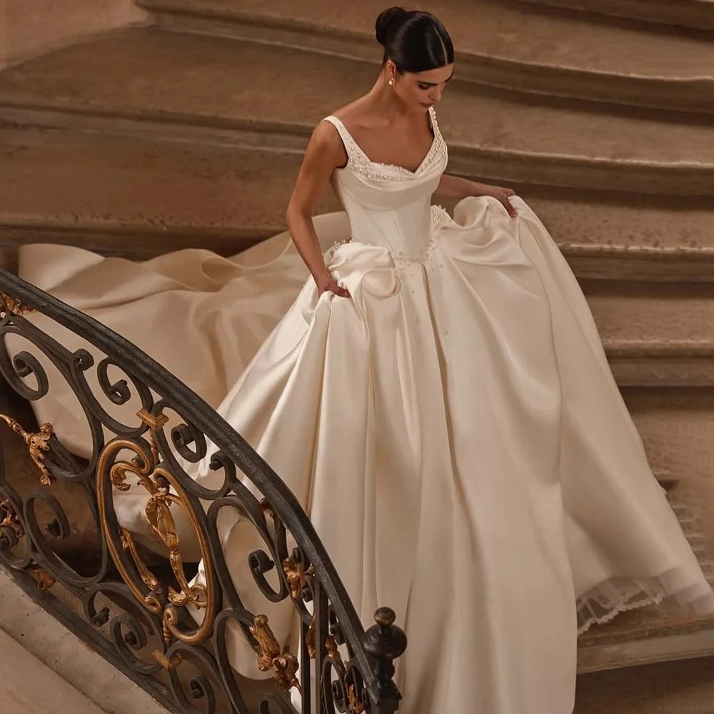 Pérolas personalizadas a linha vestidos de casamento cintas de espaguete vestido de noiva sem costas vestidos de noiva vestido de novia