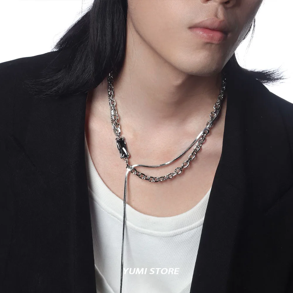 Double Layered Square Tassel Necklace For Man Titanium Steel Clavicle Chain Korean Design Jewelry Kpop Accessories Wholesale