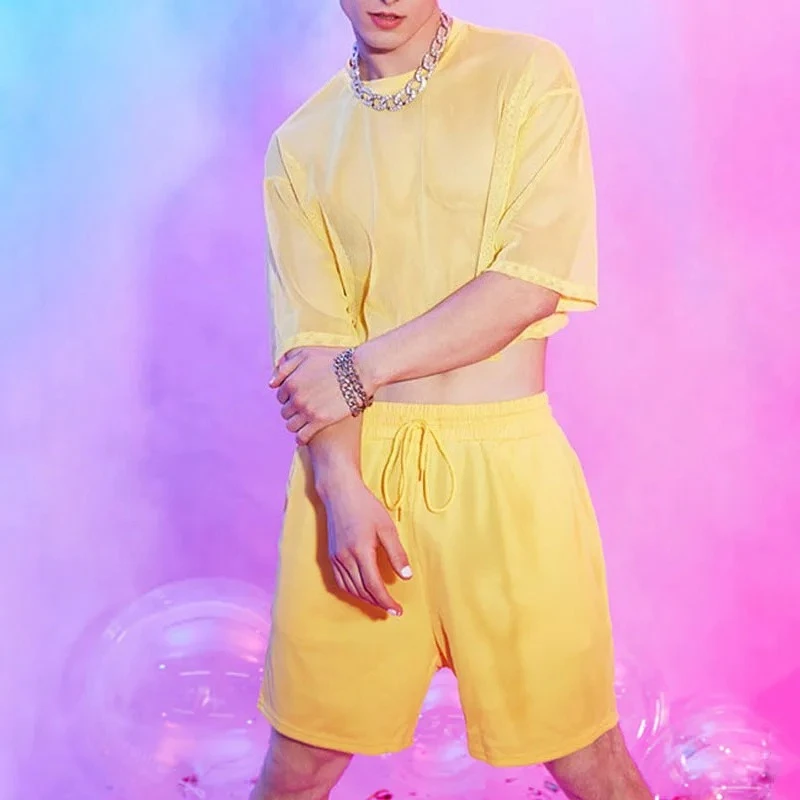 

Mesh Short-sleeved T-shirt Shorts Slim-fitting Fashionable Men's Suit Summer Sexy Hollow Short Clothes Men