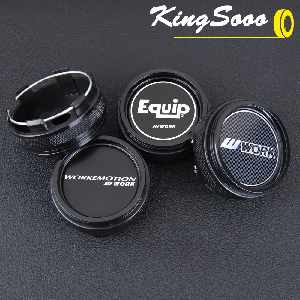 4PCS JDM Sport Rim Cap Clip 62mm WORK MEISTER EQUIP Emblem Sticker Wheel Center Hub Caps Car Cover Cap Black & Silver