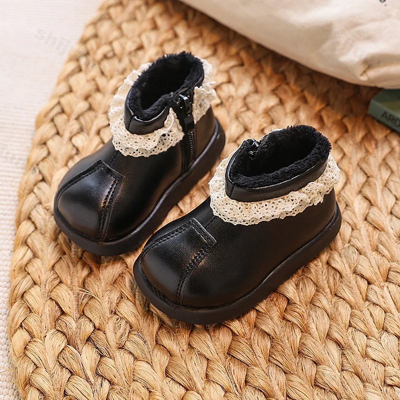 

Baby Girls Leather Boots Lace 2025 Winter Toddler Warm Princess Boots Soft Sole Non-slip Classic Kids Outdoor Plush Short Boots