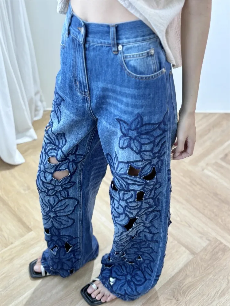 Celana Jeans Wanita Musim Panas Celana Panjang Lurus Bordir Bunga Celana Panjang Denim Pinggang Tinggi Antik Berongga Kasual Pakaian Jalanan Desainer