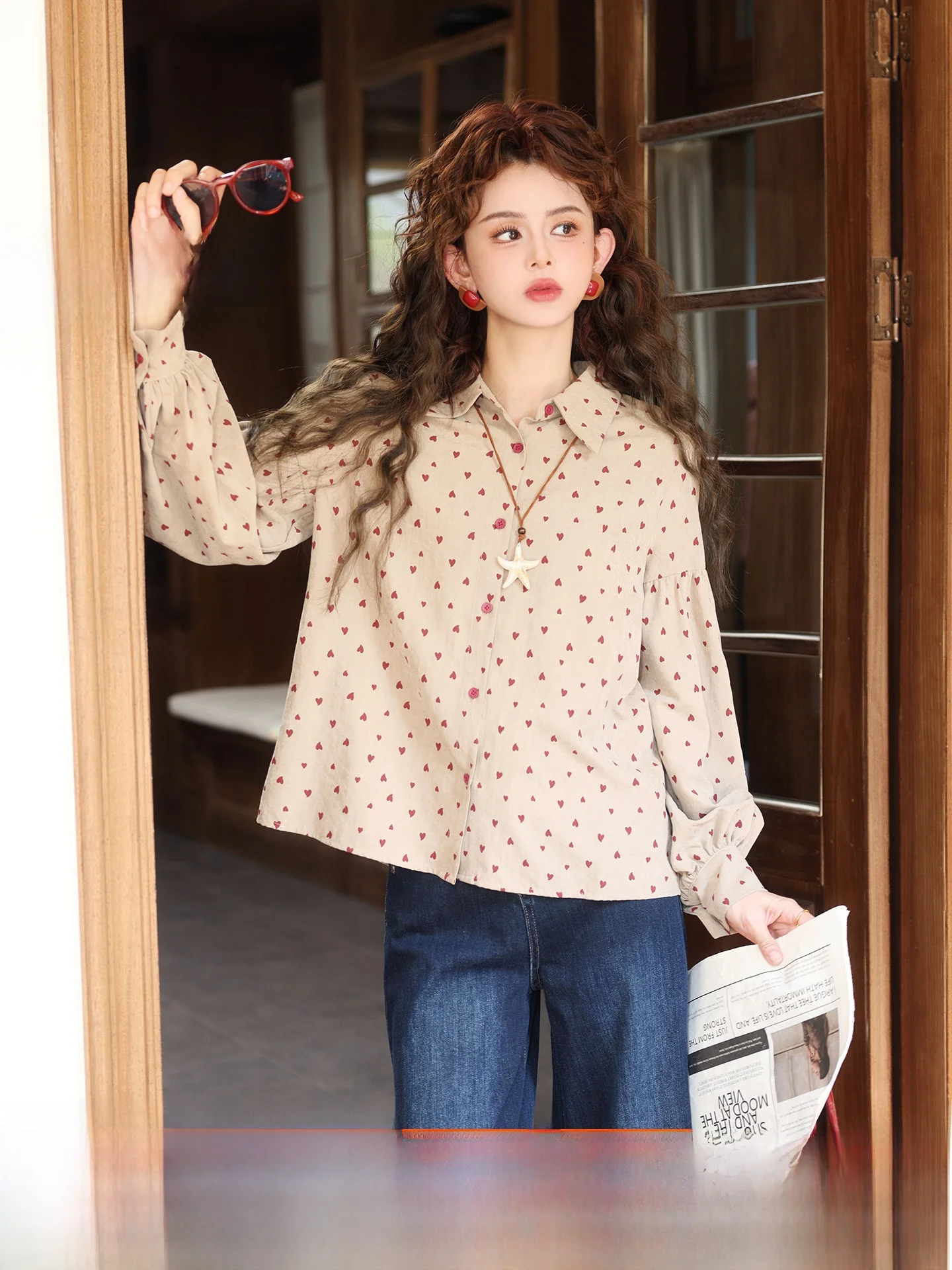 

Chen Jiajie Sweet Heart Casual Long Sve Women's irt 2025 New Sle Loose Fit Polyester Breathable Ne Button up