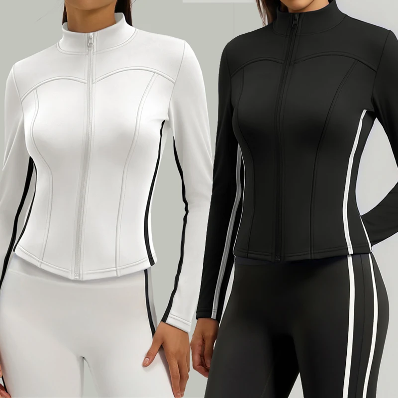 Contrast Striped Stand Collar Yoga Jackets Zipper Tight Slim Gym Sports Jackets For Woman Fitness Running Quick Dry Tops Coat
