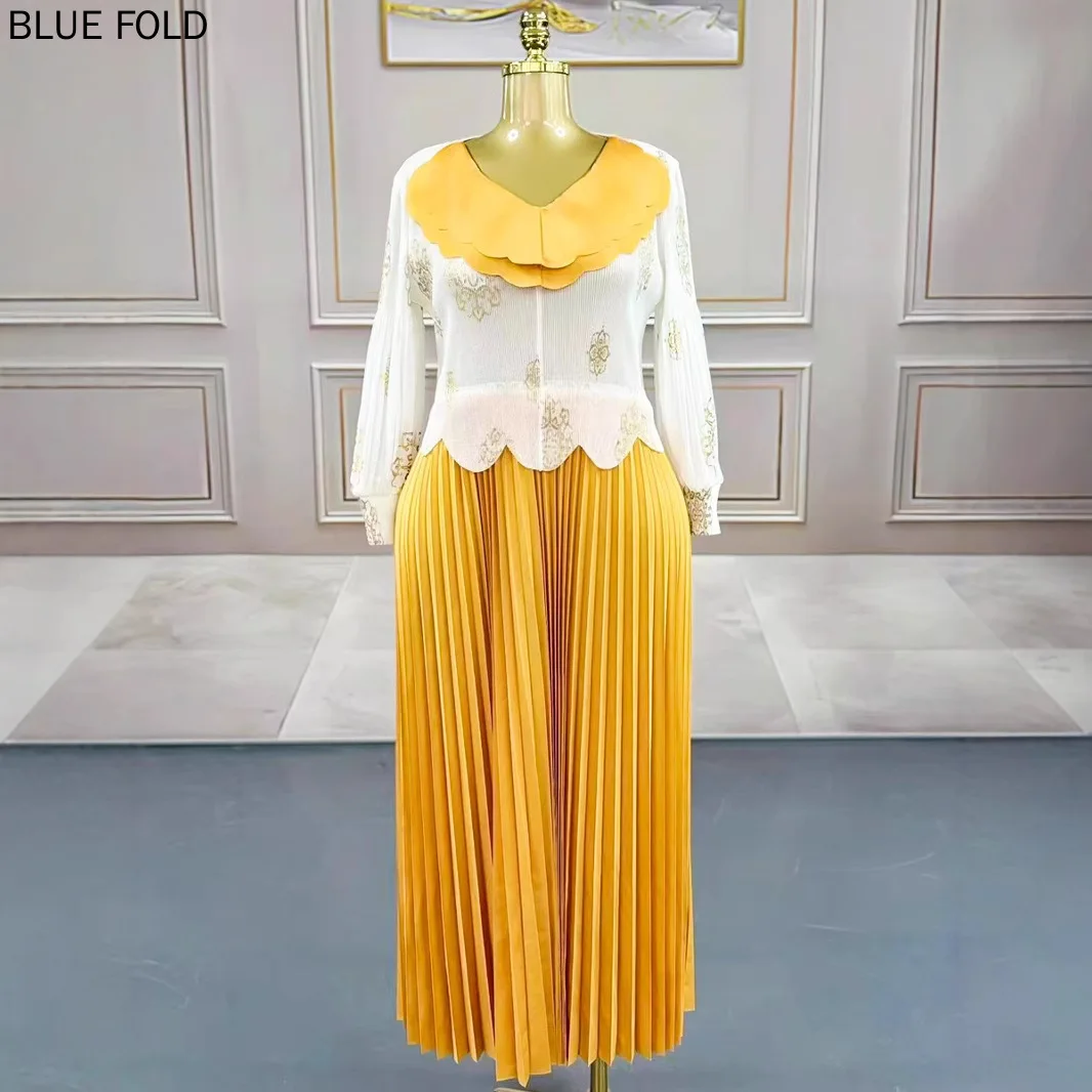 

African Plus Size Women's MIYAKE Dress Long Section Pleated Color Collision Fashion Pleated Long Dress Light Luxury