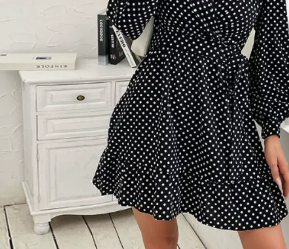

New Fashion Women's Polka Dot Long Sleeve V-Neck Black Base Dress Temperament Commuting Female High Waist Elegant A-Line Dresses