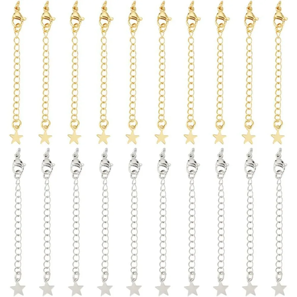 20Pcs Necklace Extenders 18K Gold & Platinum Plated 2 Colors 70mm Extender Chain End Chains with Lobster Claw Clasps making kit