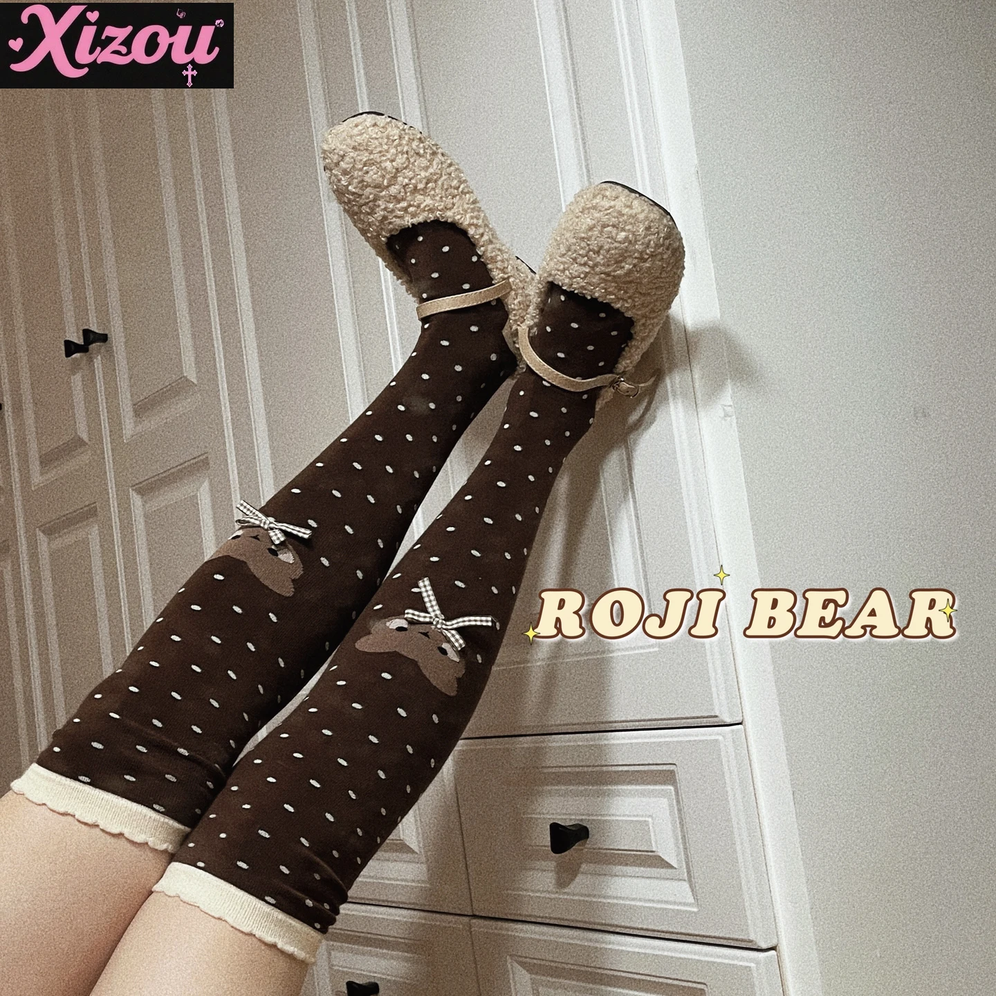 Japanese Cartoon Bear Polka Dot Bow Lolita Socks Women's Autumn Winter Knee Socks Thick Combed Cotton Socks Thin Leg Sock Female