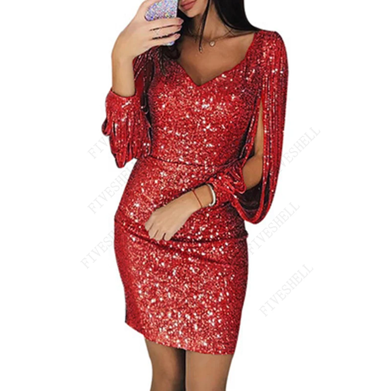 Spring Plus Size Dresses for Women Y2K  V-neck Tassel Bag Hip Vestidos Sequins Flapper Design Fashion Party Costumes