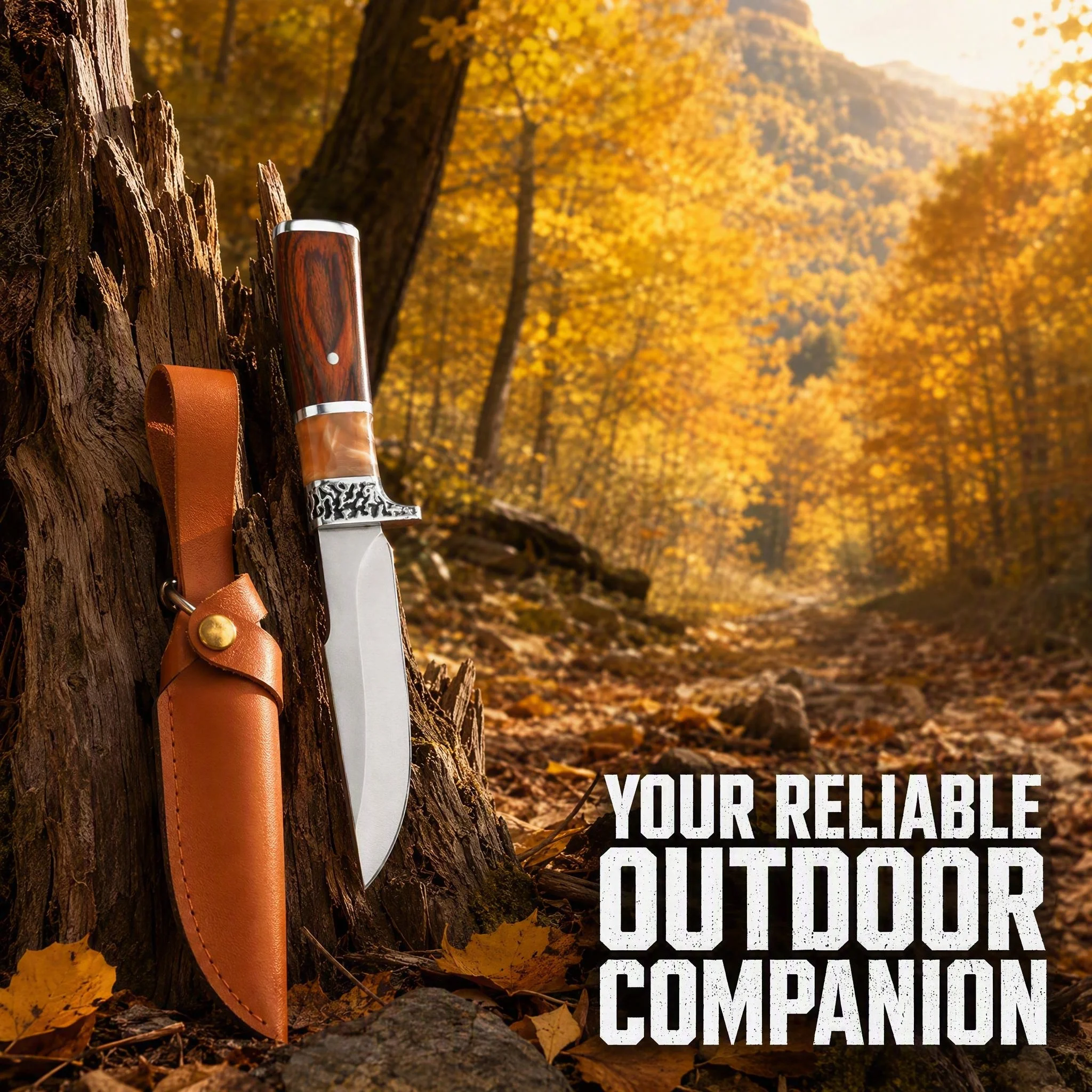 2026 model outdoor straight-bladed fixed knife with wooden resin handle, sharp cutting ability, and equipped with leather sheath