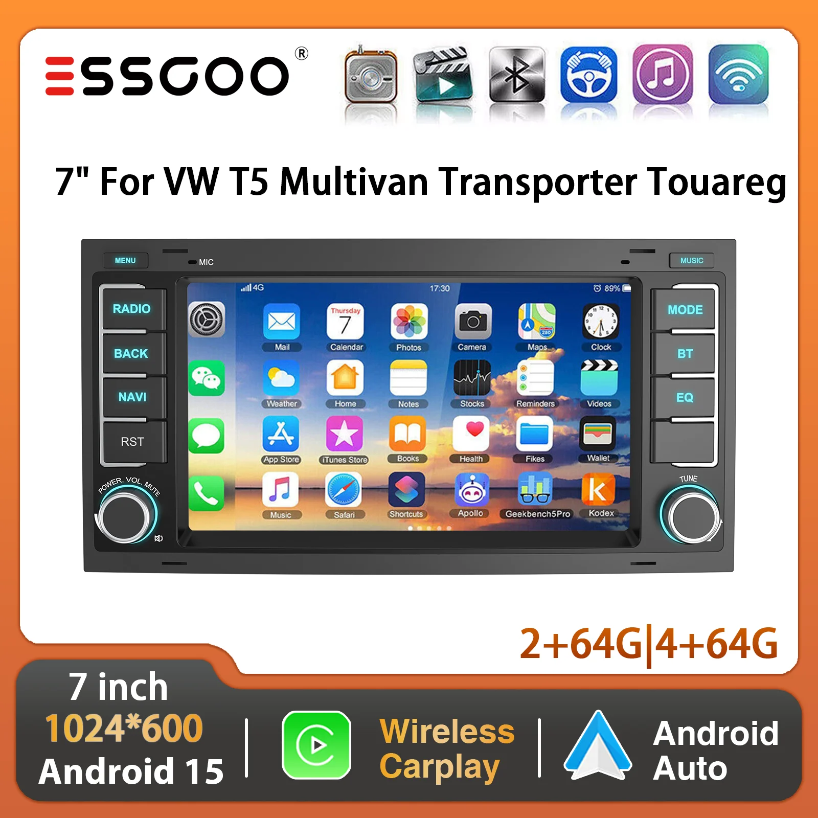 ESSGOO Pantalla Táctil de 7 Pulgadas con Android 15 para VW T5 Multivan Transporter, Carplay Inalámbrico, Androdi Auto, GPS, Navegación, WiFi, BT, RDS, Mirror Link