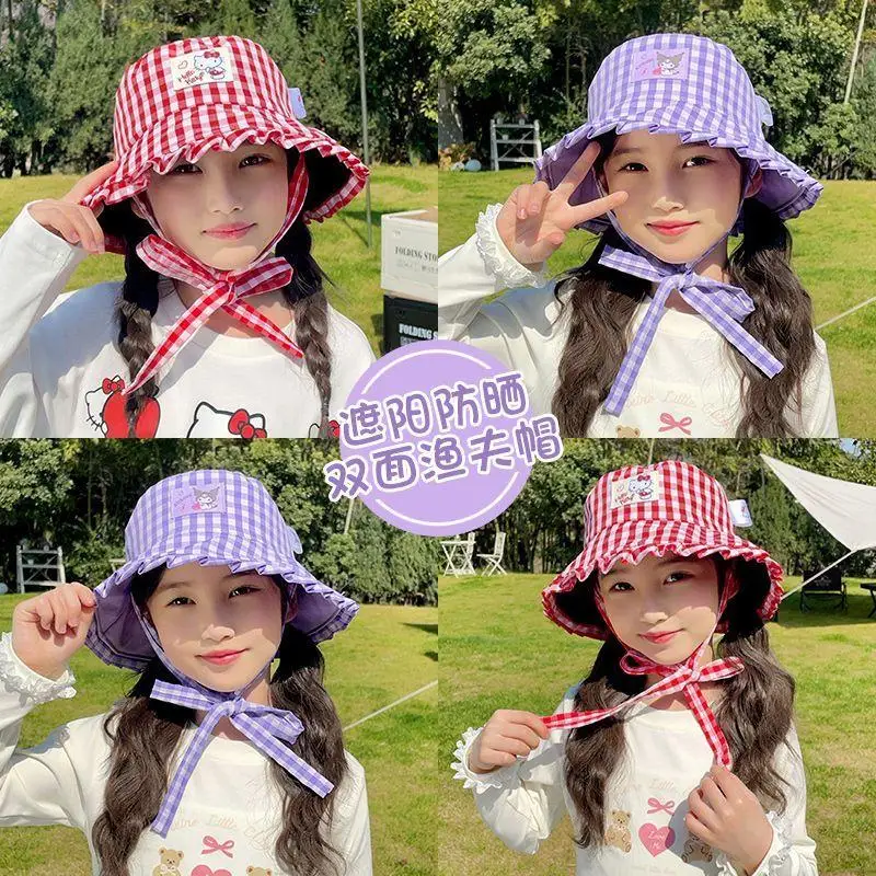 سانريو الأطفال صياد قبعة مرحبا كيتي كورومي Kawaii ظلة قبعة كبيرة حافة Upf الكرتون الترفيه التطريز شعرية فتاة قبعة