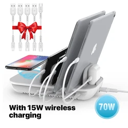 SooPii 70W 5-Port Charging Station with 15W Wireless Charger Pad USB-C Port with 25W PD3.0 for Multiple Devices 5pcs Mixed Cable