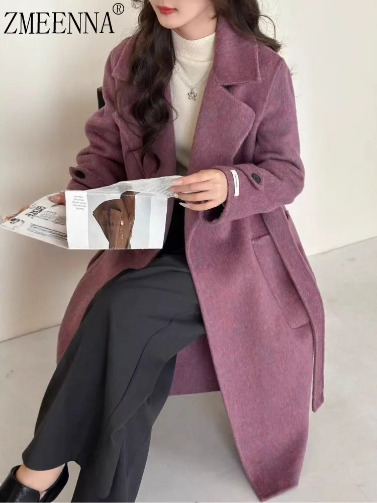 

ZMEENNA Womens Elegant Chic Magenta Wool Blend Long Coat With Wide Notched Lapels Belt And Button Cuff Detail ZM3696