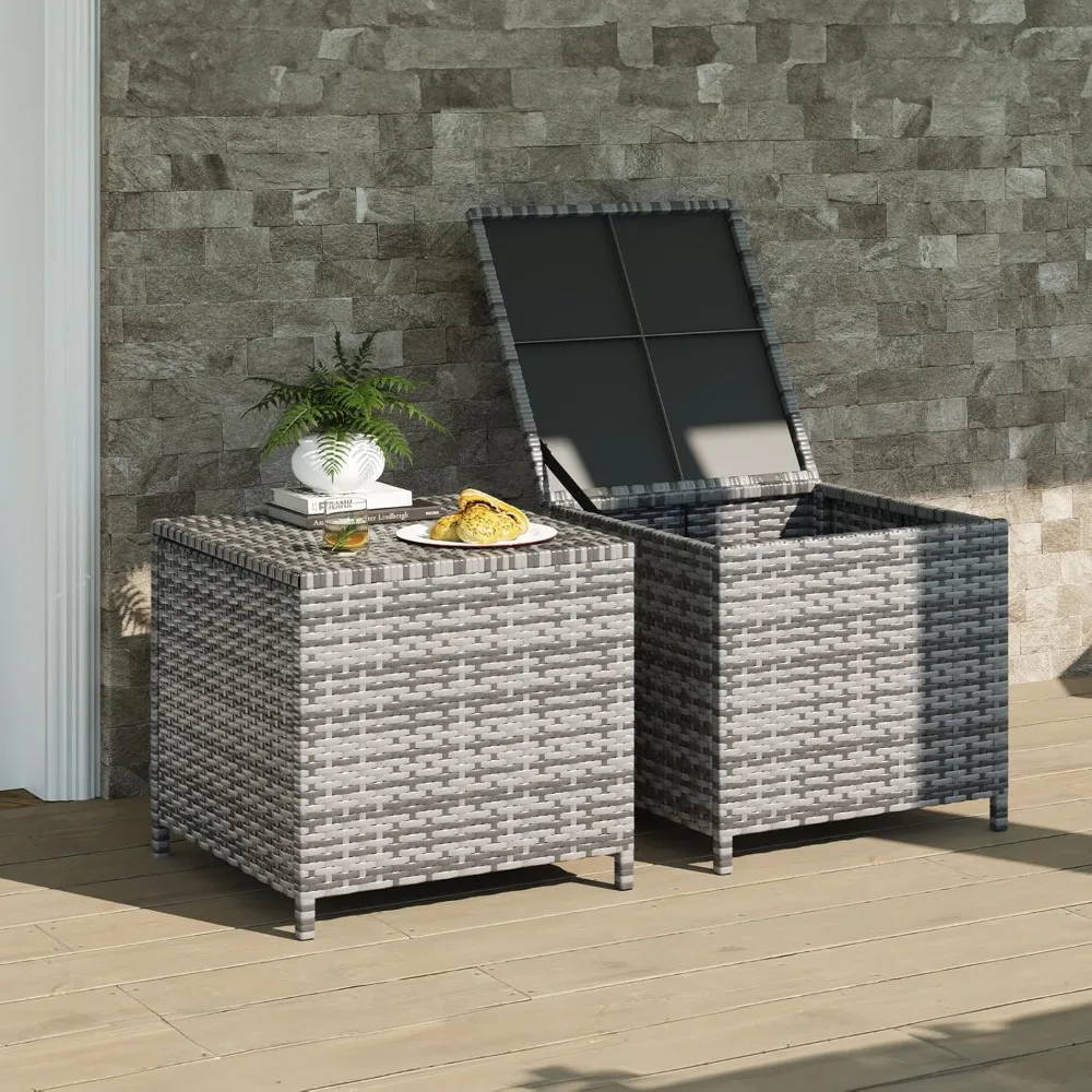 Outdoor Wicker Side Table with Storage Set of 2 Patio Rattan End Table Small Resin Square Container Coffee Table Backyar