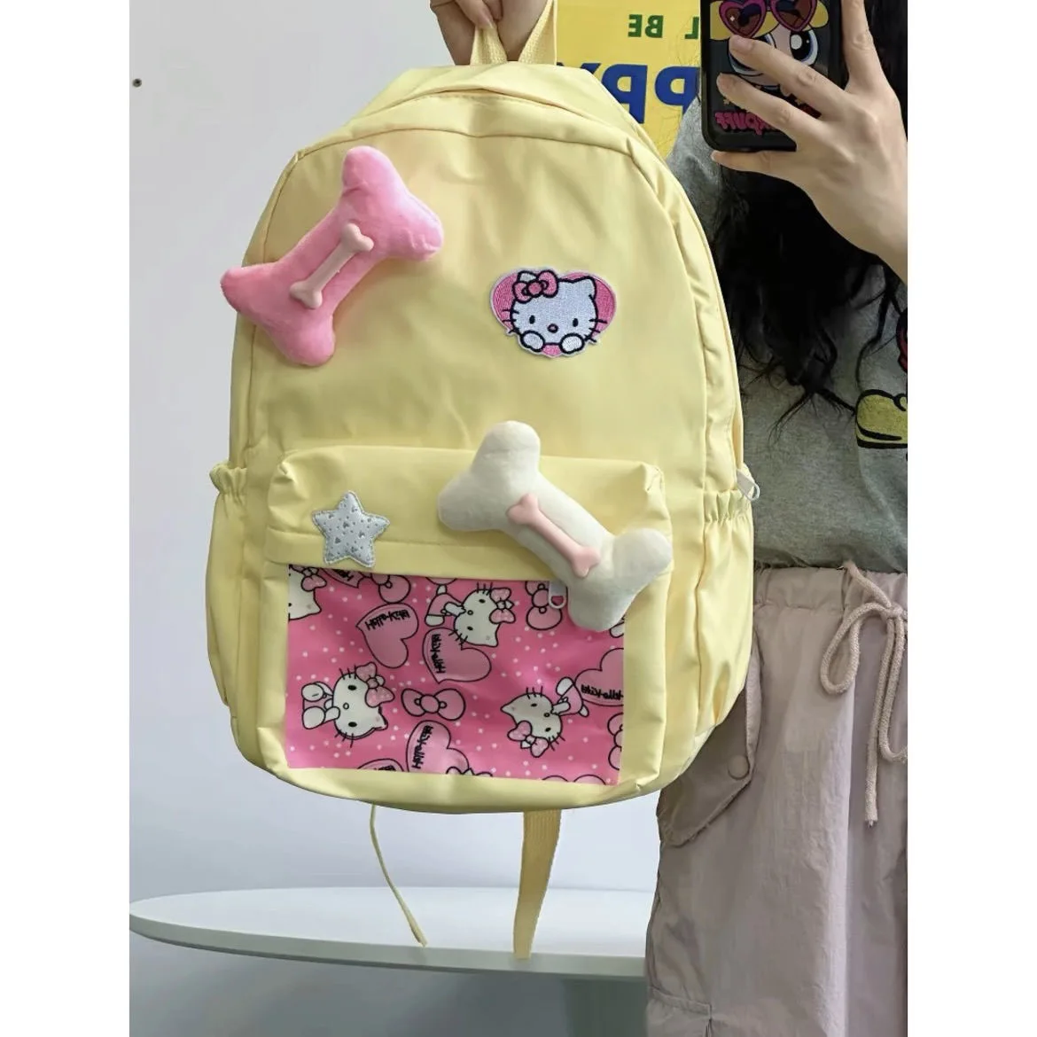 

Original homemade spicy girl backpack, niche cute Hello Kitty cat, large capacity yellow backpack, college student backpack