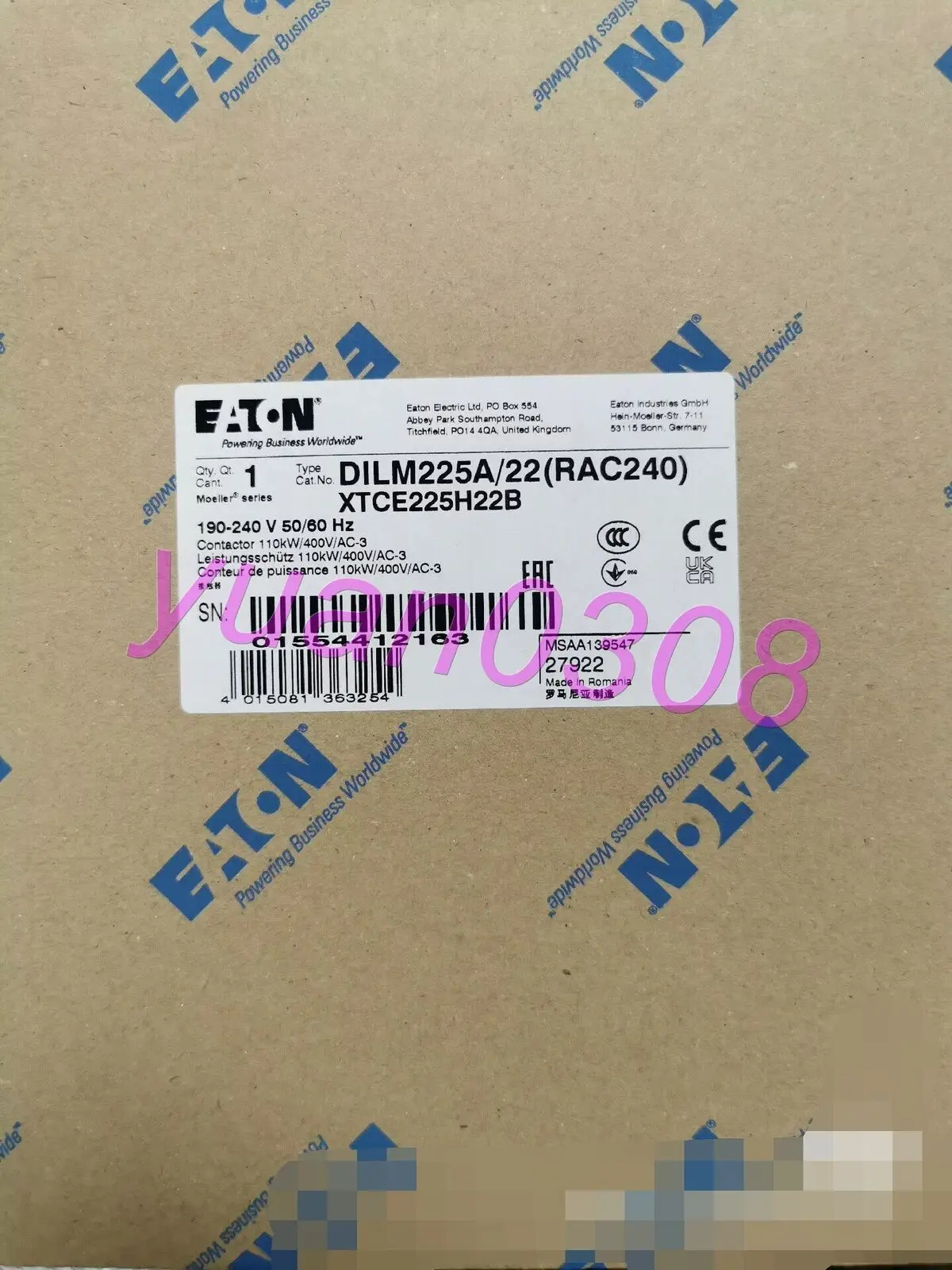 

1PCS NEW EATON DILM225A/22 RAC240 contactor