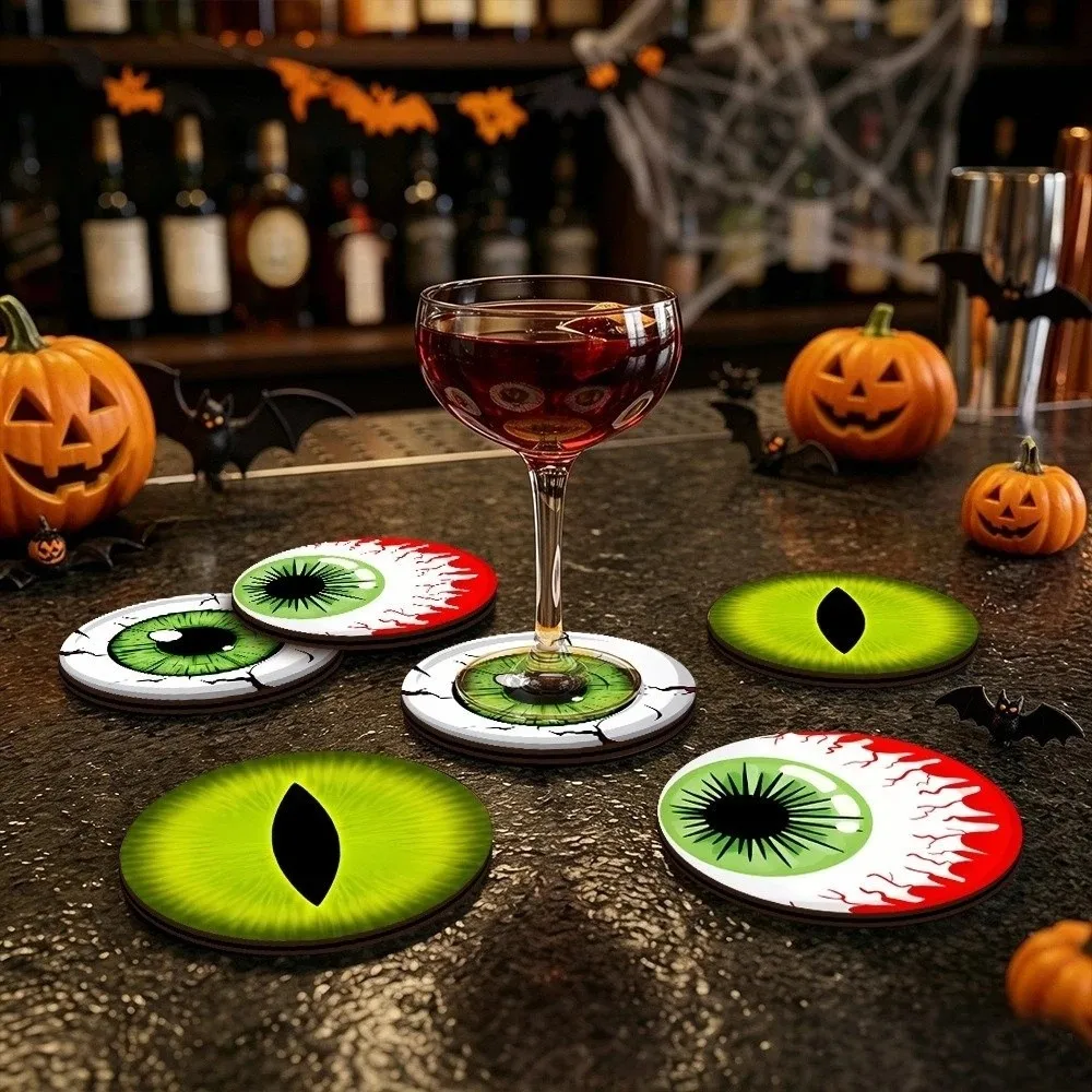 6pcs Halloween Decor Non-slip Halloween Coasters Heat-Insulating Wooden Bloodshot Eyeball Coaster Soft Cat Eyes Cup Mat Bar