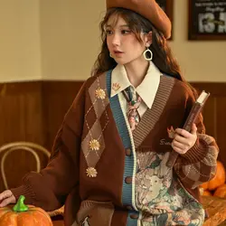 Women Vintage Embroidery Argyle Oversize Streetwear Knitted Cardigan Y2K Harajuku Preppy Style V Neck Long Sleeve Sweater Coat
