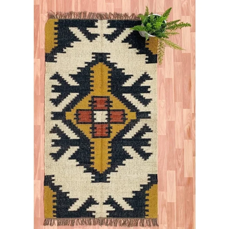 

Modern Boho Jute Wool Sumak Rug Hallyway Hand Crafted Flat Weave Carpet