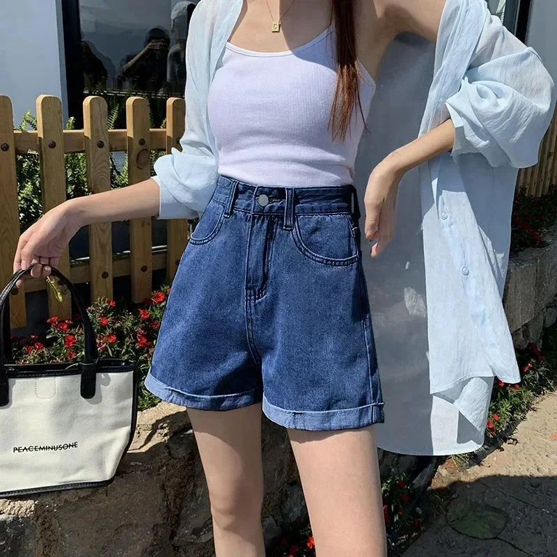 

Korean Fashion High Waisted Denim Shorts Women Summer Cowboy Girl's Slim Cotton A-line Jeans New Blue Denim Shorts Black
