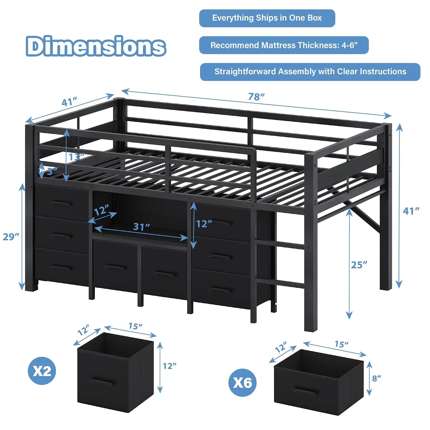 Twin Metal Loft Bed with Bookcase, 8 Drawers, Safety Guardrail, Play Curtain, Under-Bed Space, Customized