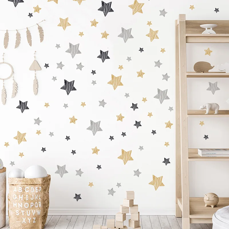 Gold Black Grey Stars Graffiti Line Wall Stickers for Kids Room Baby Nursery Wall Decals Home Decorative Stickers for Bedroom