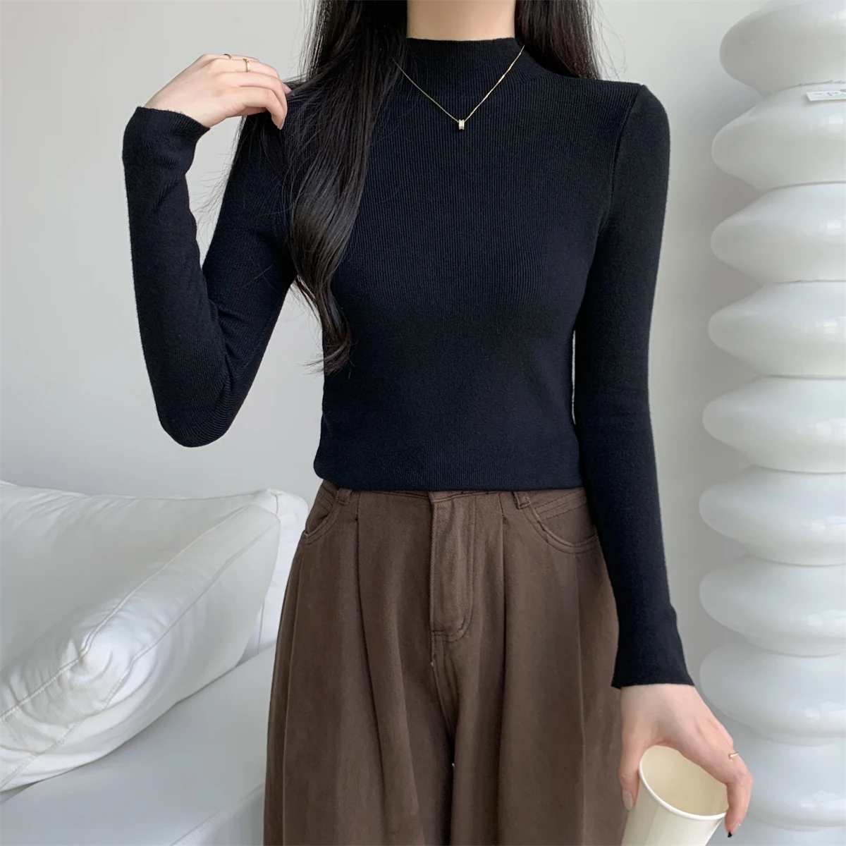 محبوك سترة المرأة البلوفرات الجديدة طويلة الأكمام وهمية الرقبة الأبيض متماسكة سترة البلوز المرأة بلايز البلوزات Sueters De Mujer Q1535