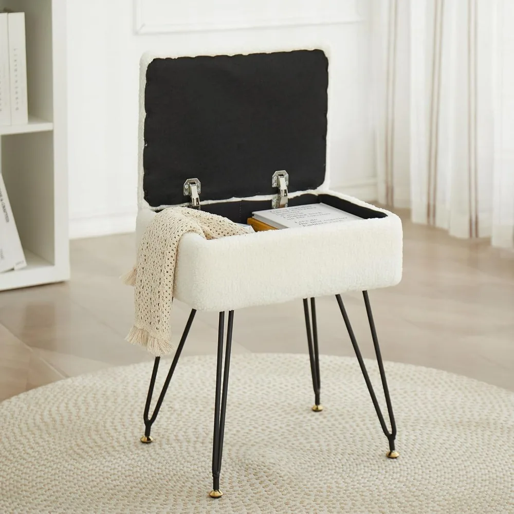 

Vanity Stool Chair, Faux Teddy Fur Ottoman Foot Stool with Metal Legs & Adjustable Black Feet, Flip Top Storage Makeup Chair