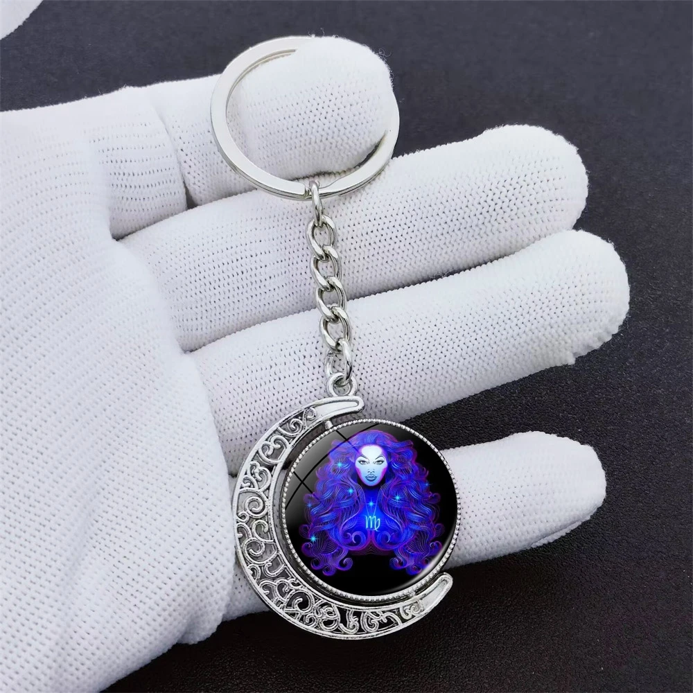 New 12 Constellation Glass Ball Key Rings Double Sided Rotatable Pendant Zodiac Signs Keychain For Women Fashion Birthday Gift
