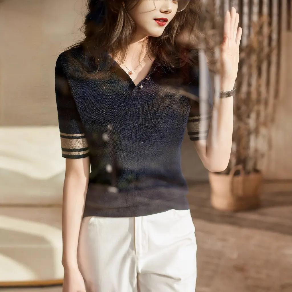

Korean-Style Slimming Polo Collar Short-Sleeved Sweater Ice Silk Base Top Contrast Color Commuting All-Match Summer Outerwear