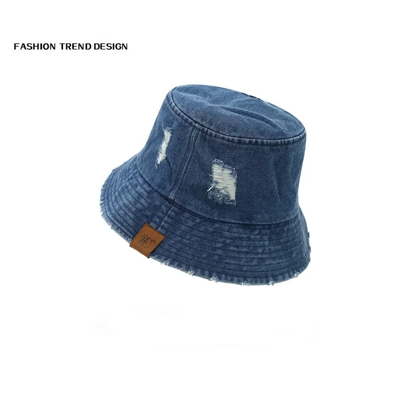 Unisex Outdoor Washed Brushed Denim Bucket Hat With Label Breathable Sun Protection Hat Vintage Fisherman Hat