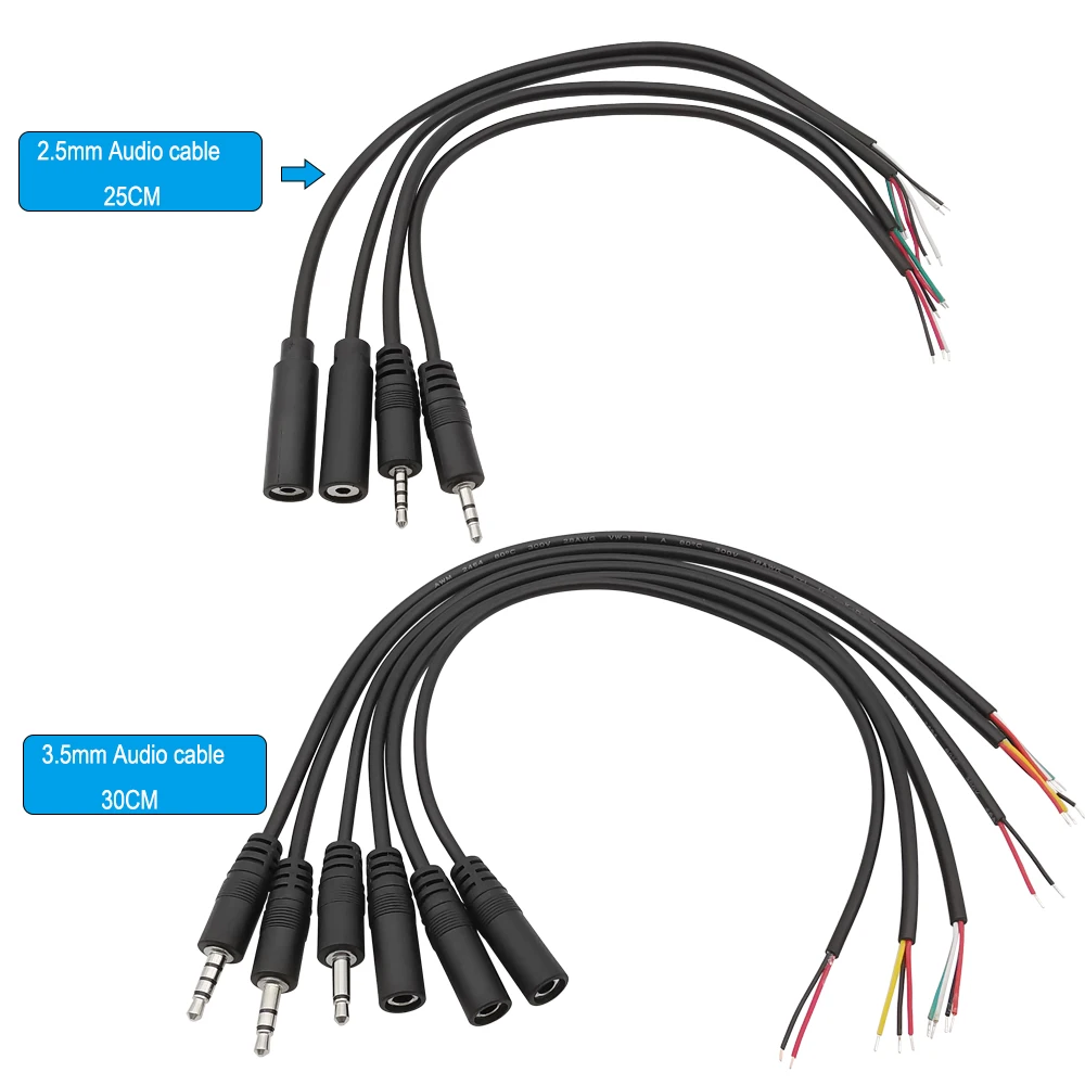 3.5mm 2.5mm Male Plug/Female Jack to Bare Wire Open End TS Mono/3 Pole/4 Pole TRRS Stereo Plug Jack Connector Audio Cable